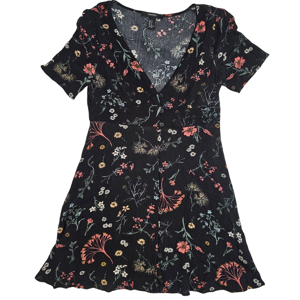 Forever 21 Black Floral Button Down V-Neck Mini Dress Short Sleeve Small